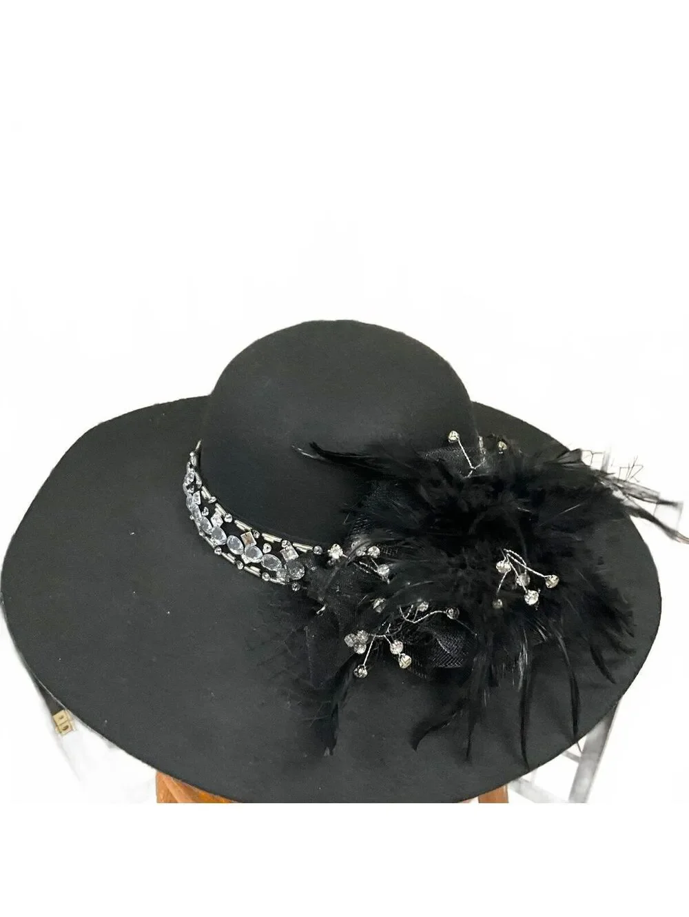 Black Felt Wide Brim Silver Feather Embellished Hat